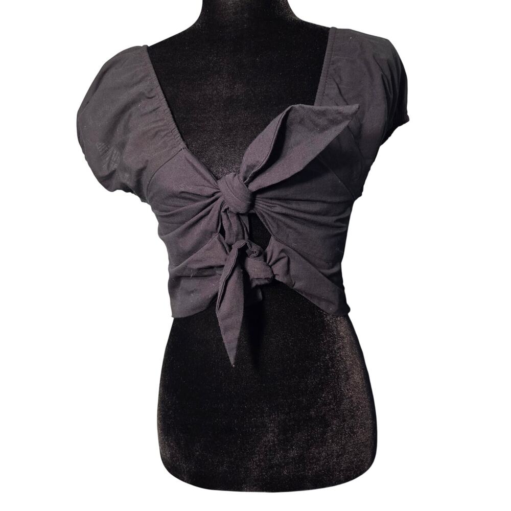 Aura Hot Topic Black Smocked Front Bow Puff Sleeve Crop Top Sz XS NWT Whimsygoth